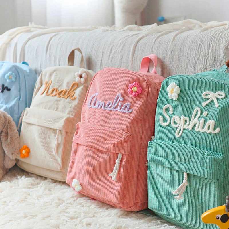 *Preorder* Wool Embroidery Name Corduroy Backpack (6 Colours)