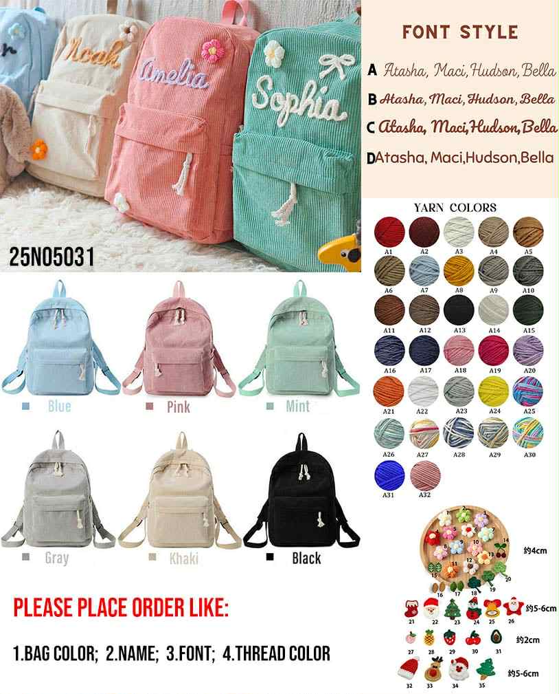 *Preorder* Wool Embroidery Name Corduroy Backpack (6 Colours)